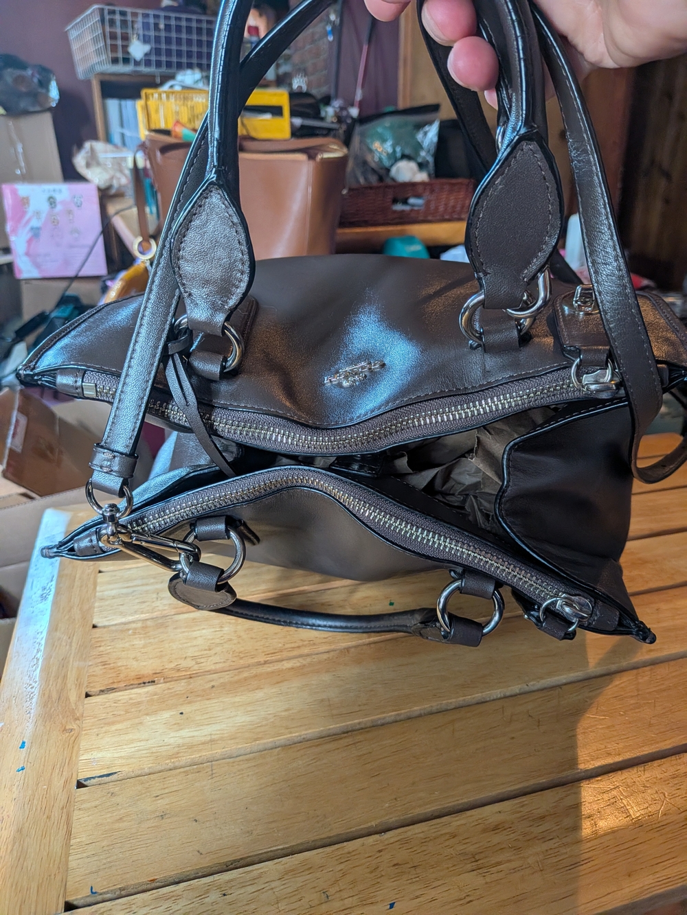 Coach Dark Brown Leather Satchel with Top Handles - Picture 9 of 15